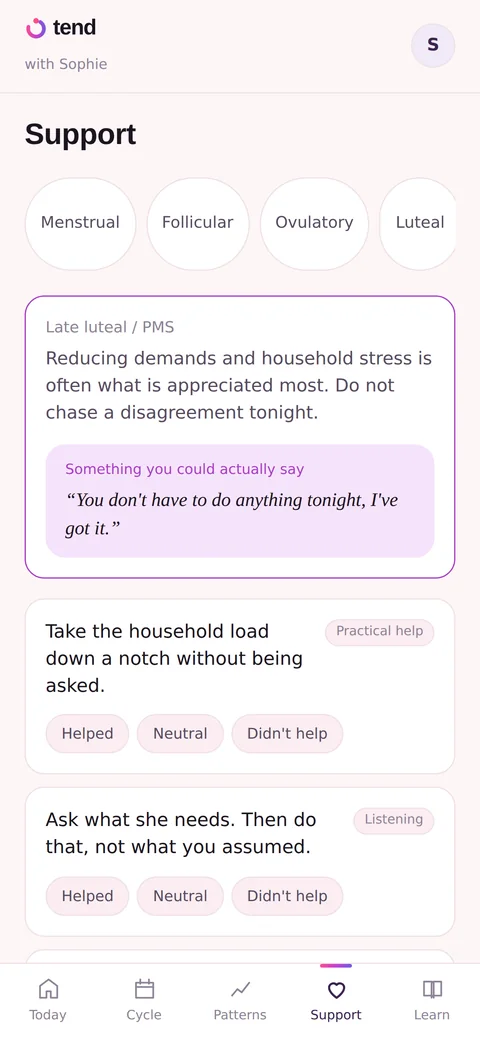 Tend Support screen with practical suggestions for the late luteal phase