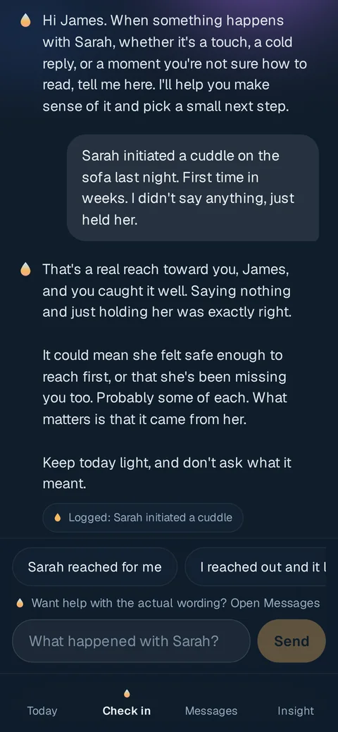 Thaw check-in chat giving a gentle read on a moment the user logged