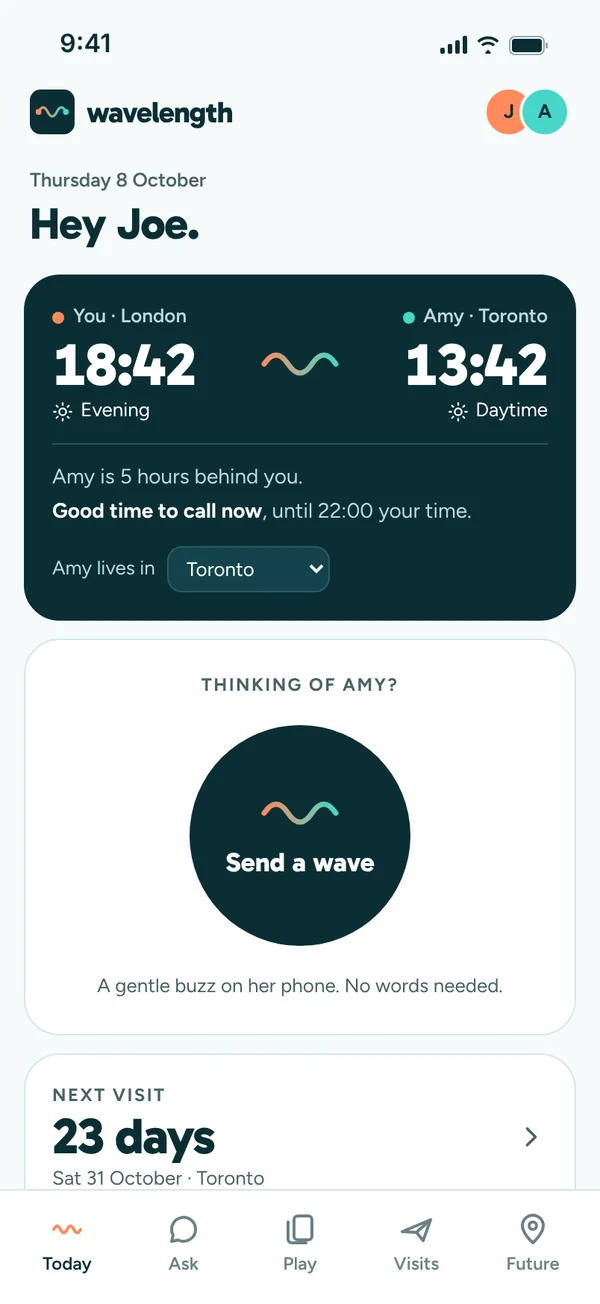 Wavelength Today screen showing both partners' local times and a Send a wave button